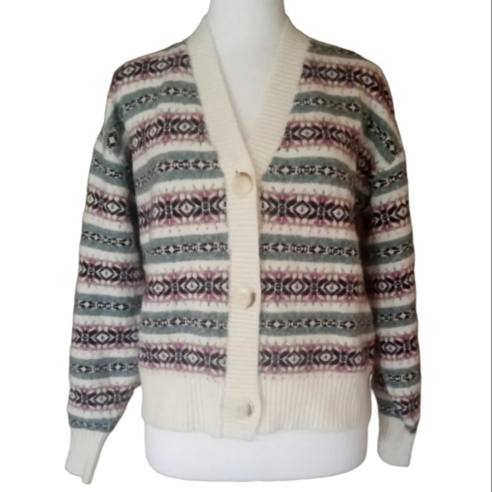 Ann Taylor Loft Wool Blend Nordic Fair Isle Button Front Cardigan Pink Sz Small